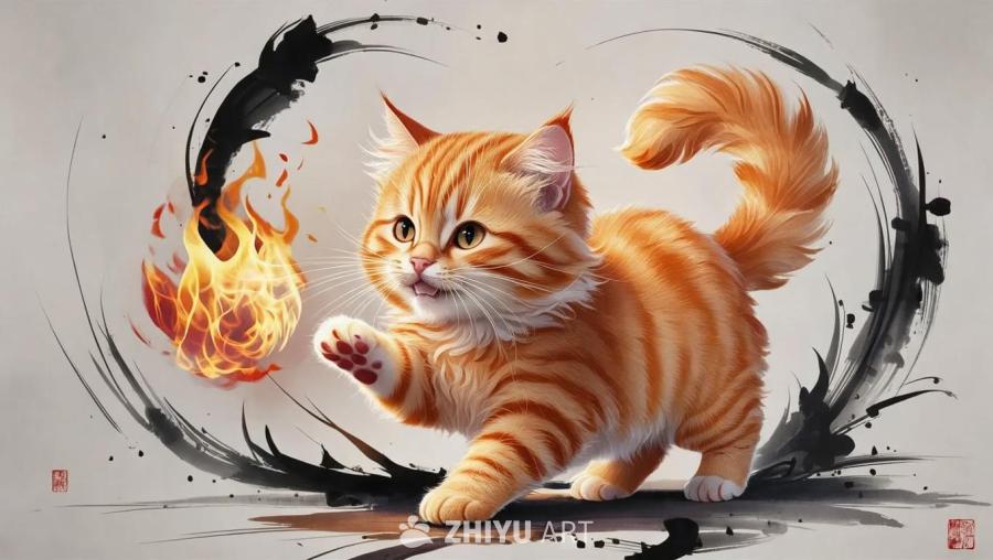 一只橘色小猫，毛发蓬松，眼神灵动，抬起一只爪子，似