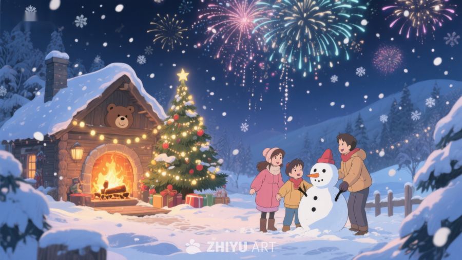 冬夜烟花下的温馨家庭时光 123
