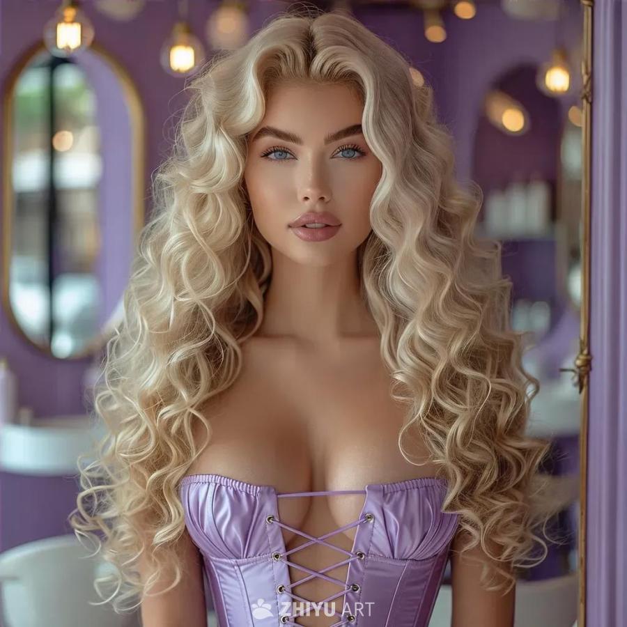 一位皮肤白皙、容光焕发的美女，拥有一头倾泻而下的金
