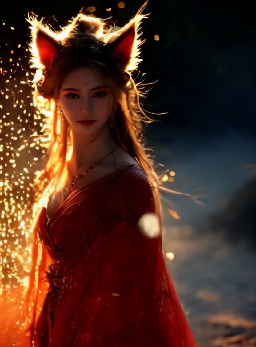 狐耳红衣女子，梦幻光影下的古典浪漫美
