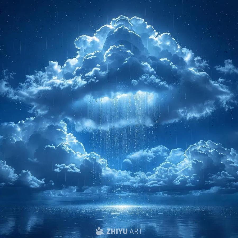 夜空中漂浮着浅蓝色的雨云，云层闪烁着微光。雨滴从云