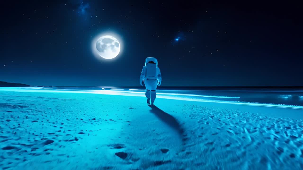 宇航员独自走在海滩上，周围是蓝色的沙子和发光的水。