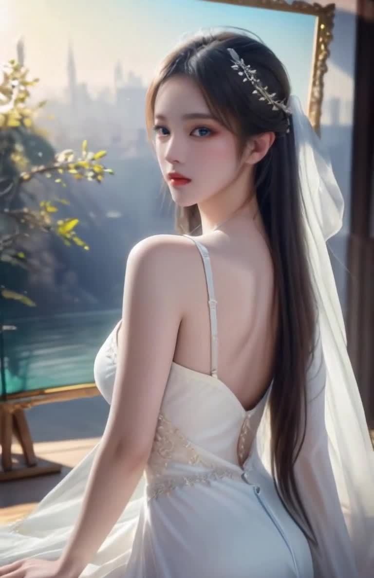白裙女子窗边眺望城市风光