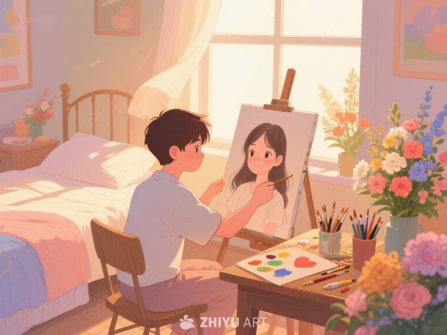 室内绘画场景：少年专注创作肖像画 646