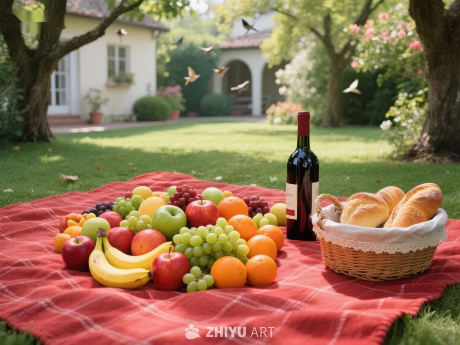 花园野餐：水果面包与红酒 290