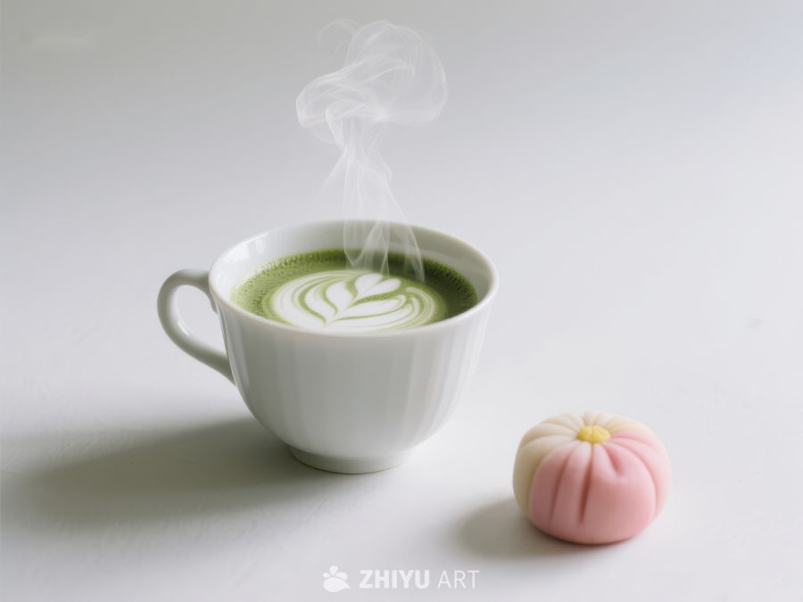 抹茶拿铁与粉色甜点