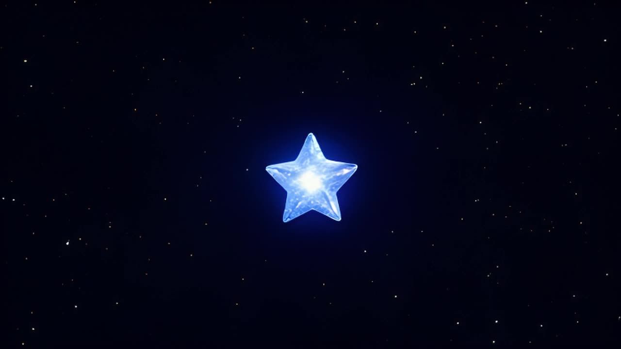 一颗蓝色发光星星位于深蓝色星空中，周围散布着许多小