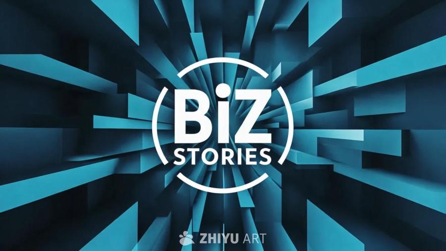 蓝色背景上，白色文字“Biz STORIES”被括