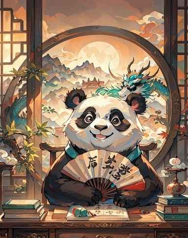 持扇端坐的熊猫