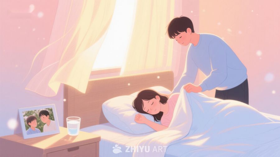 温馨晨光中，男子轻柔为女子盖被 333