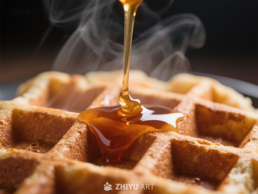 热腾腾的华夫饼淋上蜂蜜