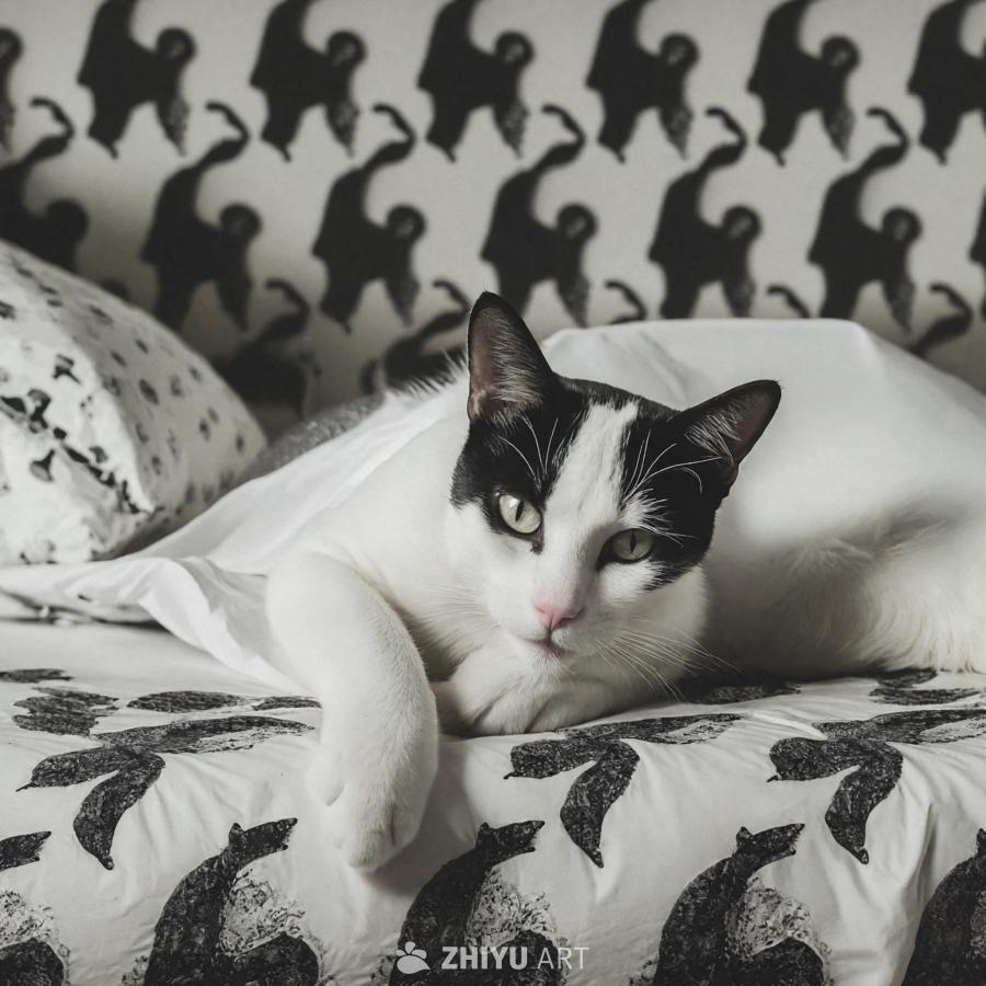 一只黑白相间的猫躺在白色的床上，可能是在卧室里。猫