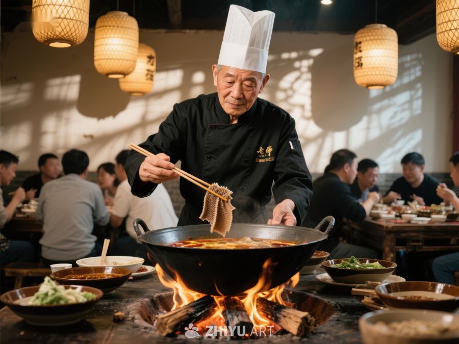 厨师现场烹饪，火焰锅中美食飘香 56