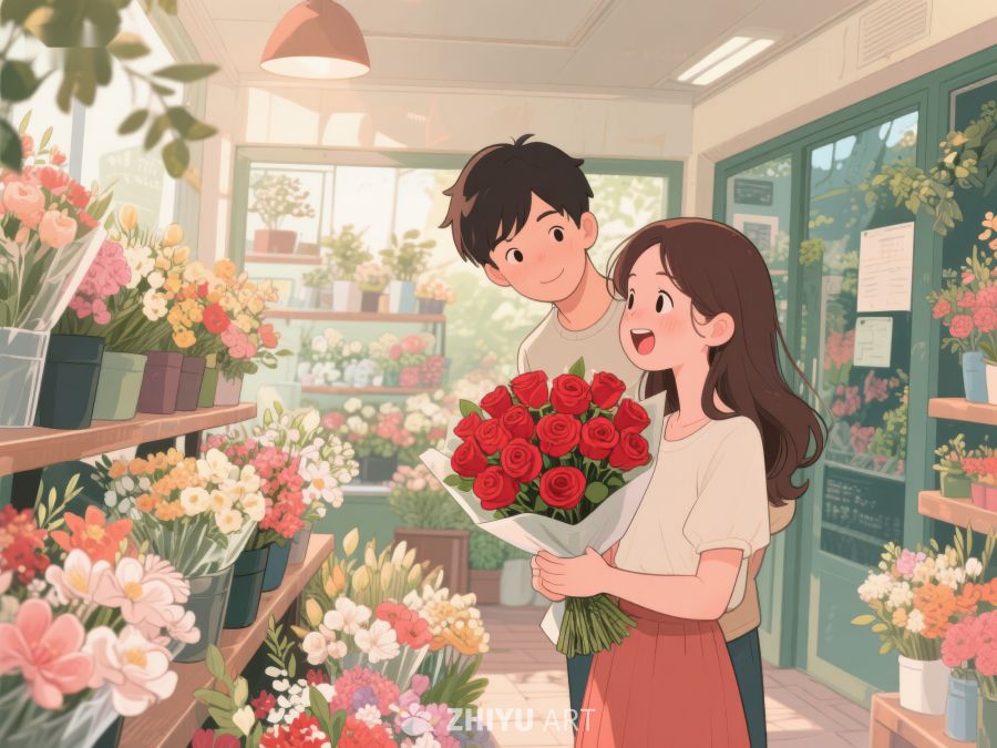 花店温馨时刻：情侣共赏玫瑰 312