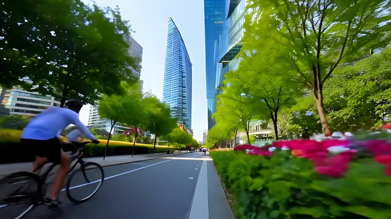 城市街道，地面有自行车道，一个人骑自行车行驶，街道