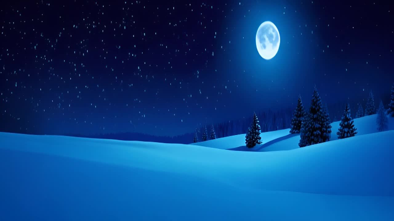 雪花在月光下轻轻飘落，天空中满是星星，一个雪地山丘
