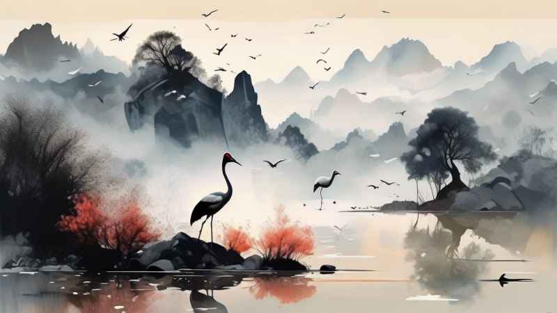 国风山水鹤插画背景 12