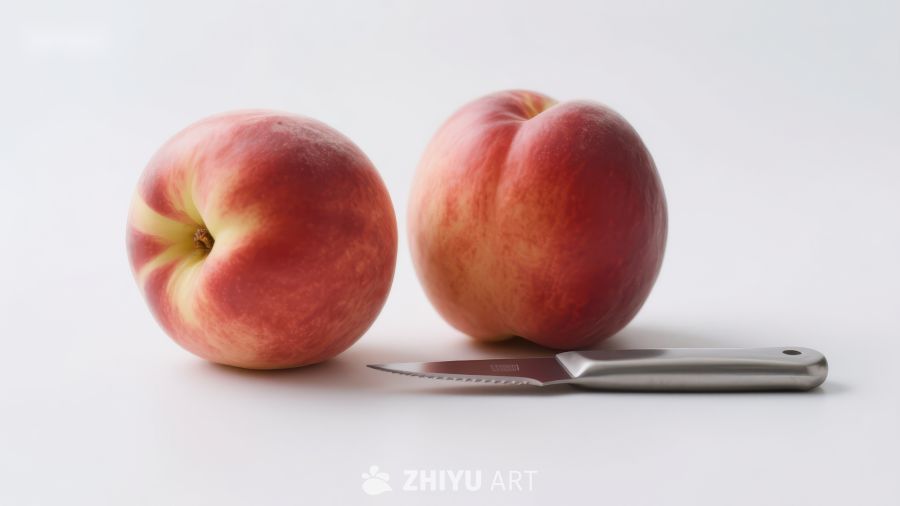 两个桃子与刀具的静物组合
