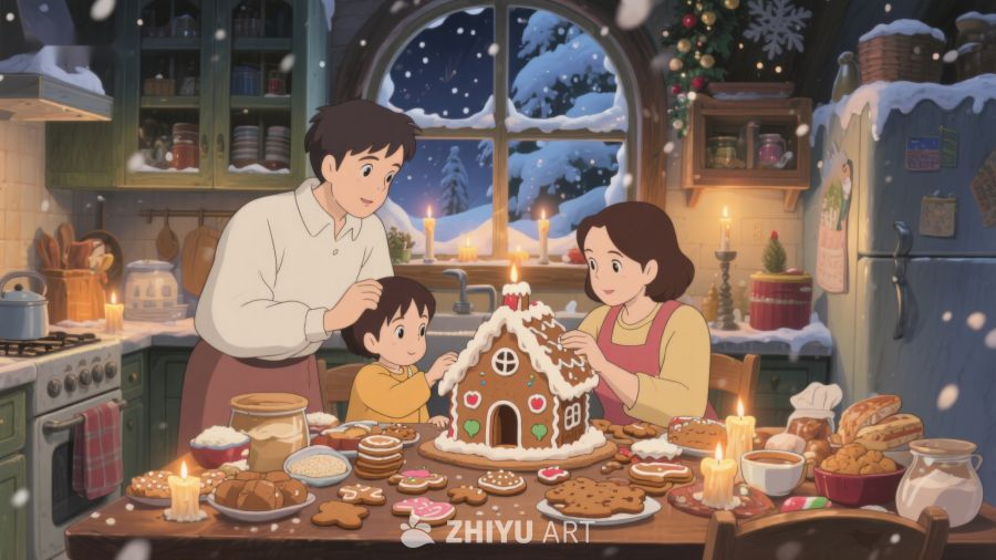 温馨厨房里的圣诞姜饼屋制作 217
