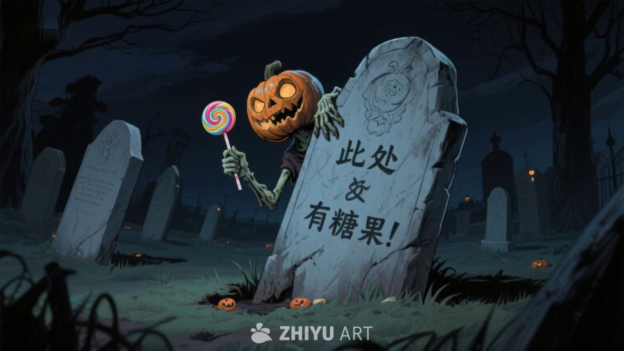 墓地南瓜怪手持糖果，夜景恐怖氛围