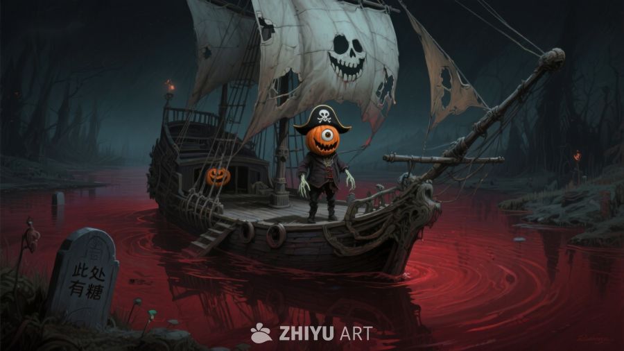 幽灵海盗船在血色湖面航行
