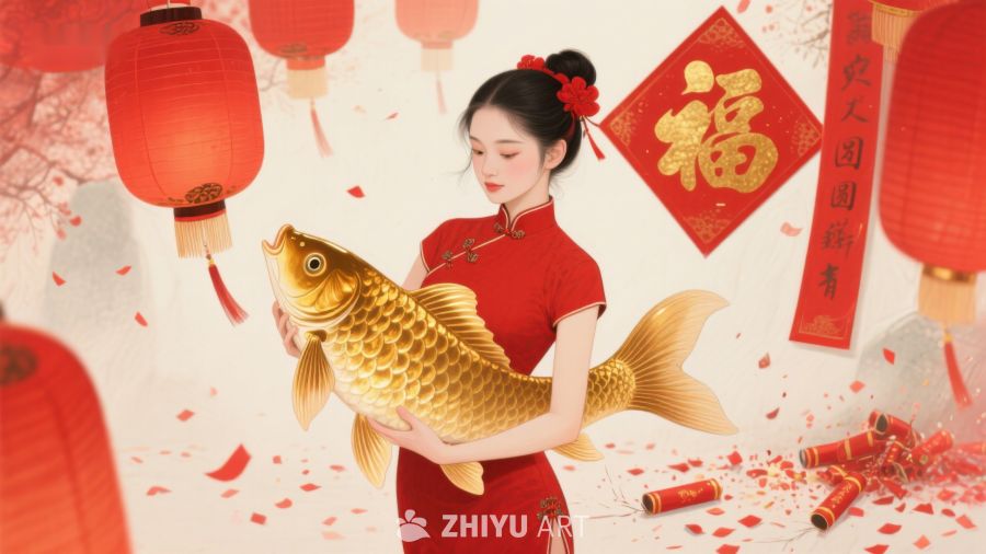 红衣女子怀抱金鱼，灯笼福字映衬节日氛围 332