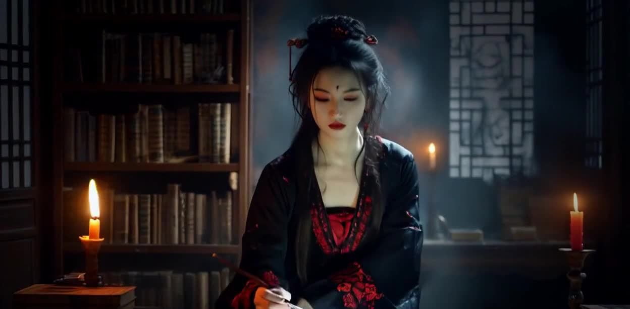 红衣女子烛光书房夜读