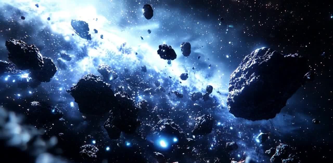 蓝色星云深处漂浮的岩石碎块与星点