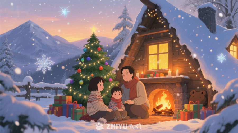 雪夜温馨家庭圣诞场景 415