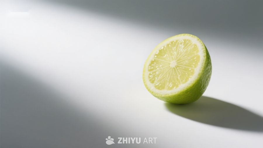 切开的青柠在光影下的静物图