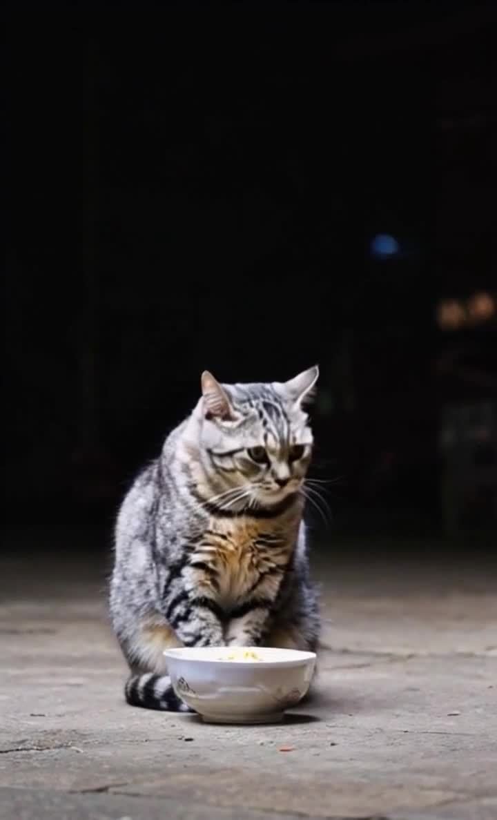 灰色严肃猫咪与食物碗的黑夜凝视