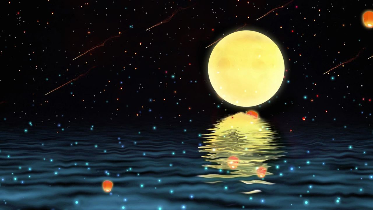 唯美大海上升月亮白月光蓝色夜空圆月明月大屏幕舞台LED视频  44