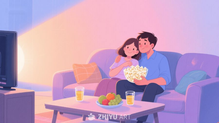 情侣在家看电视，共享美食时光 285