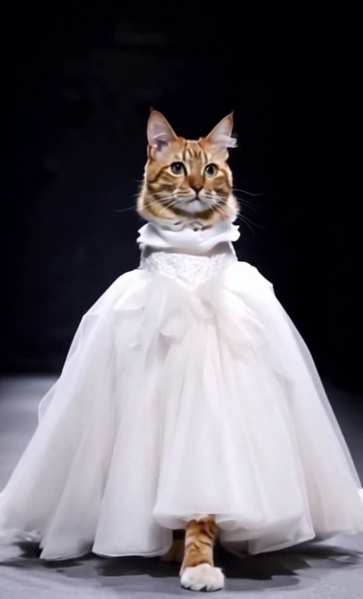 猫穿白色晚礼服走秀，时尚界猫咪模特