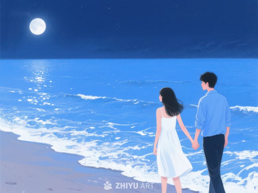 月下情侣海边漫步 1139