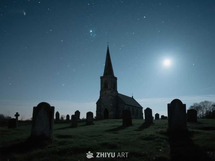 月光下的古老教堂与墓地 562