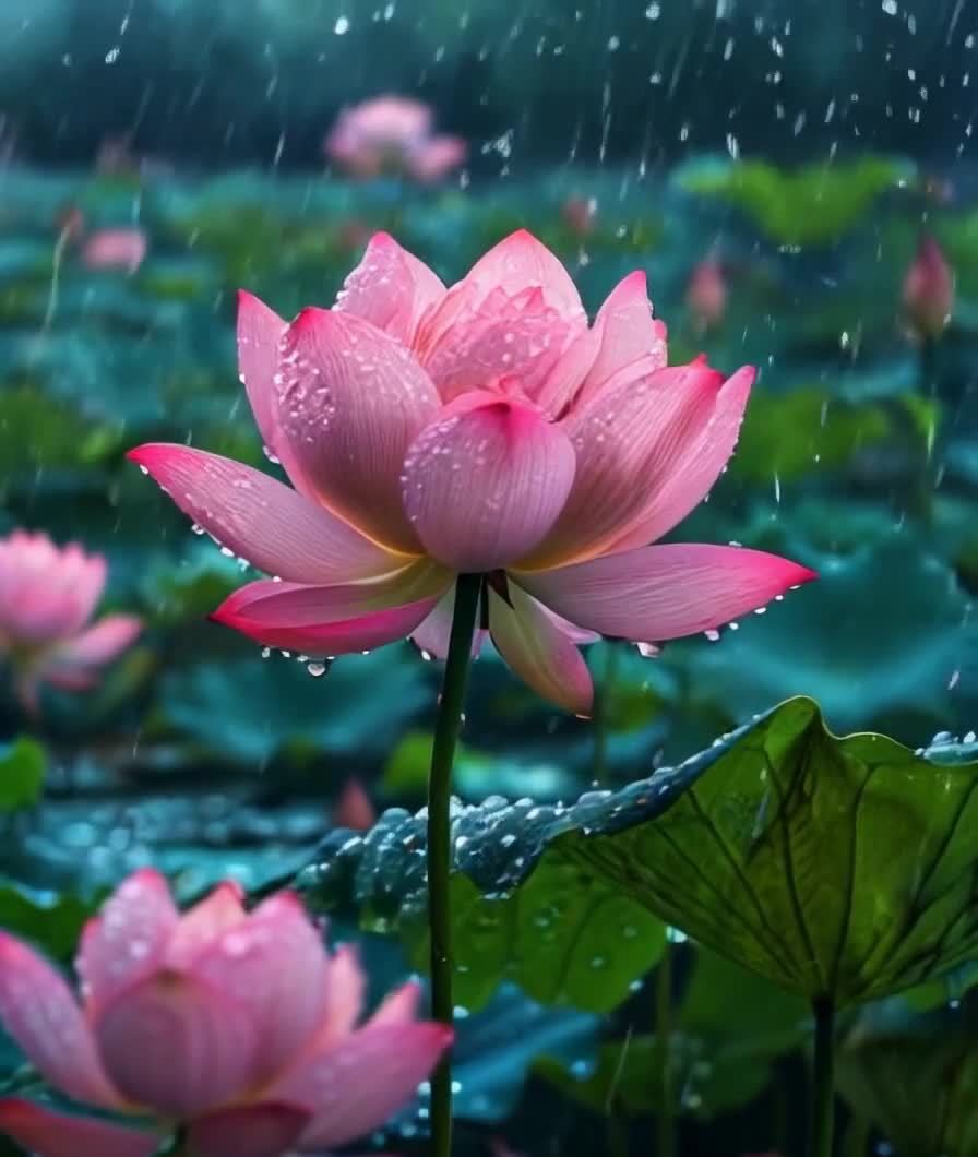 雨中荷花：粉瓣绿叶，水珠摇曳