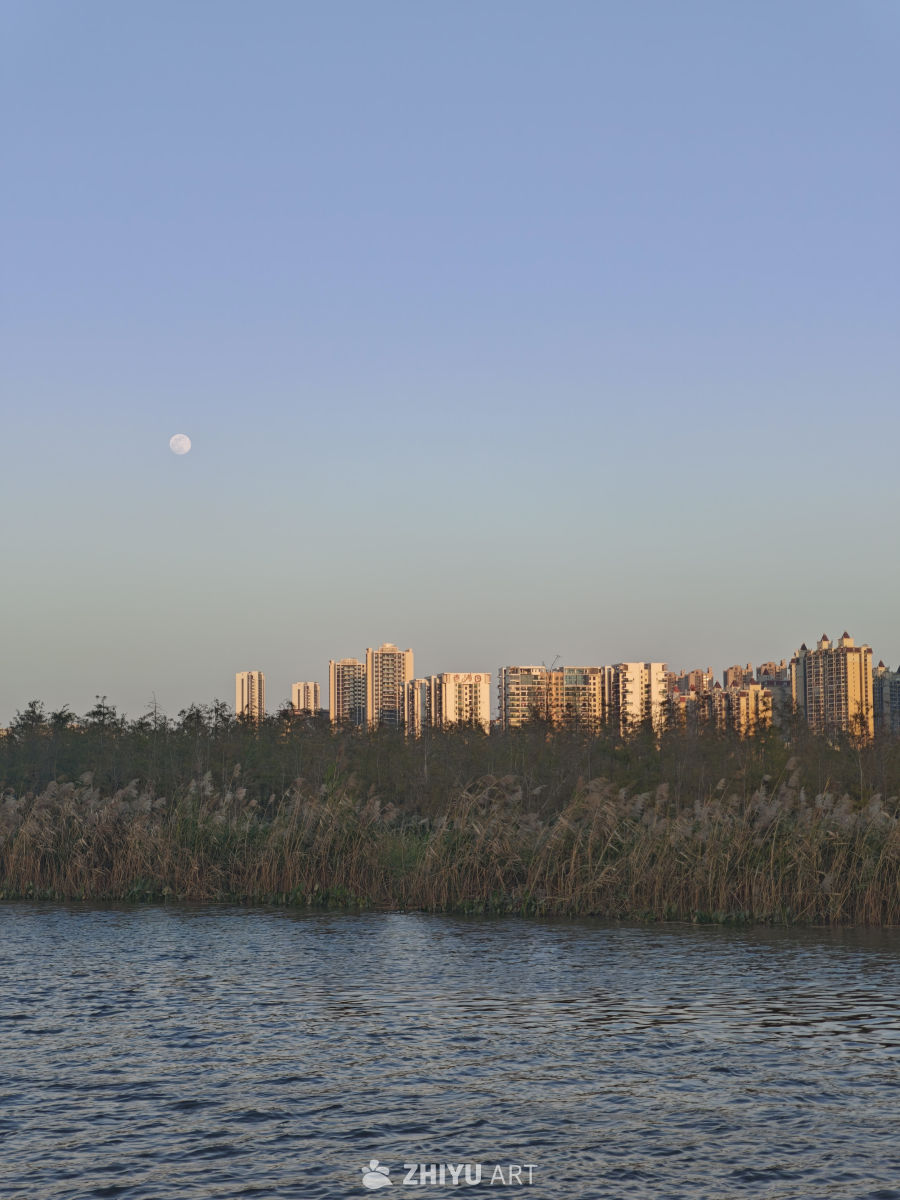 湖畔黄昏的城市剪影