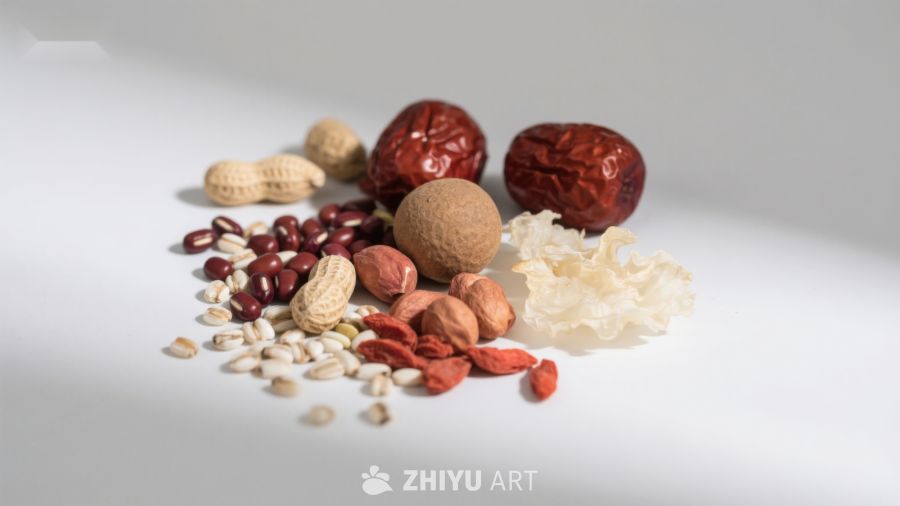 多种坚果与干果的静物组合