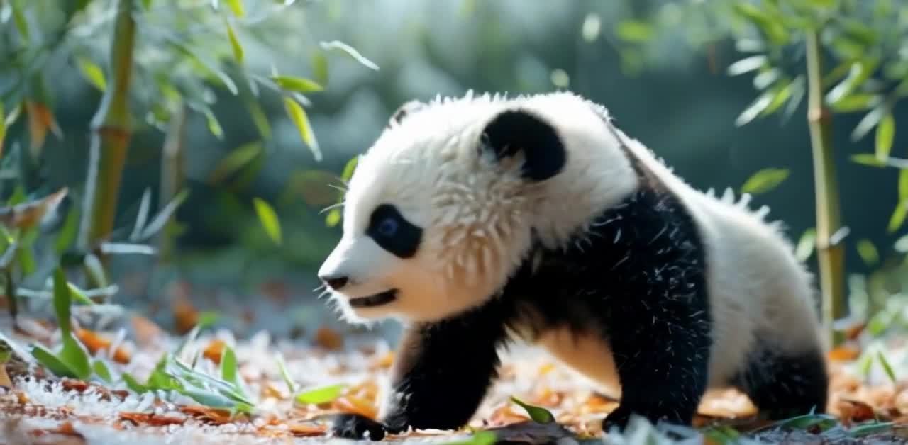一只熊猫幼崽出现在画面中央。它的身体被黑白相间的毛