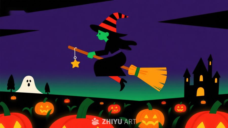 万圣夜巫女骑扫帚飞过南瓜地