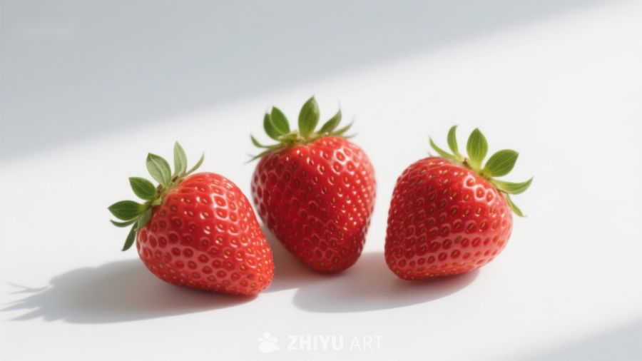 三颗新鲜草莓在白色背景上