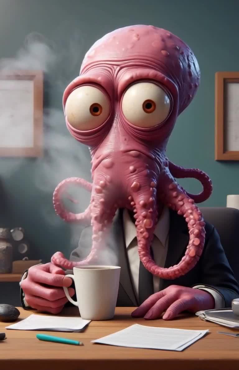 一个粉色章鱼头的人形生物，穿着西装坐在桌子旁，桌子