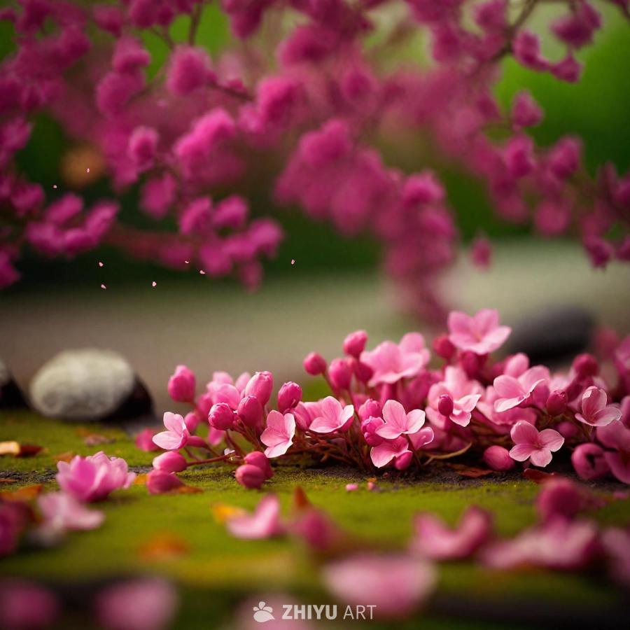 画面中可见盛开的粉色花朵，部分散落在地面上。这些花
