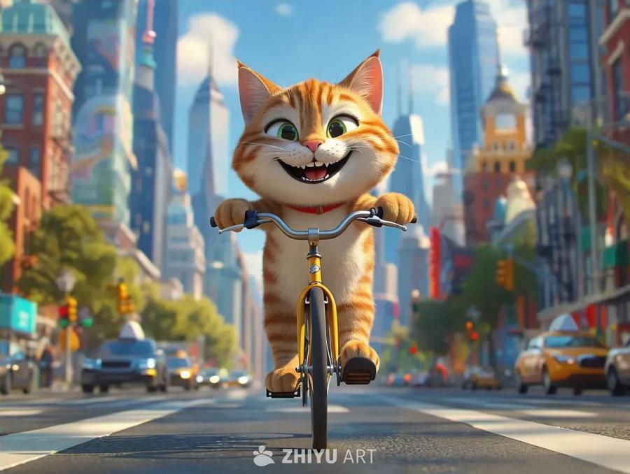 一只面带微笑的卡通风格橘猫，佩戴红色项圈，骑着自行