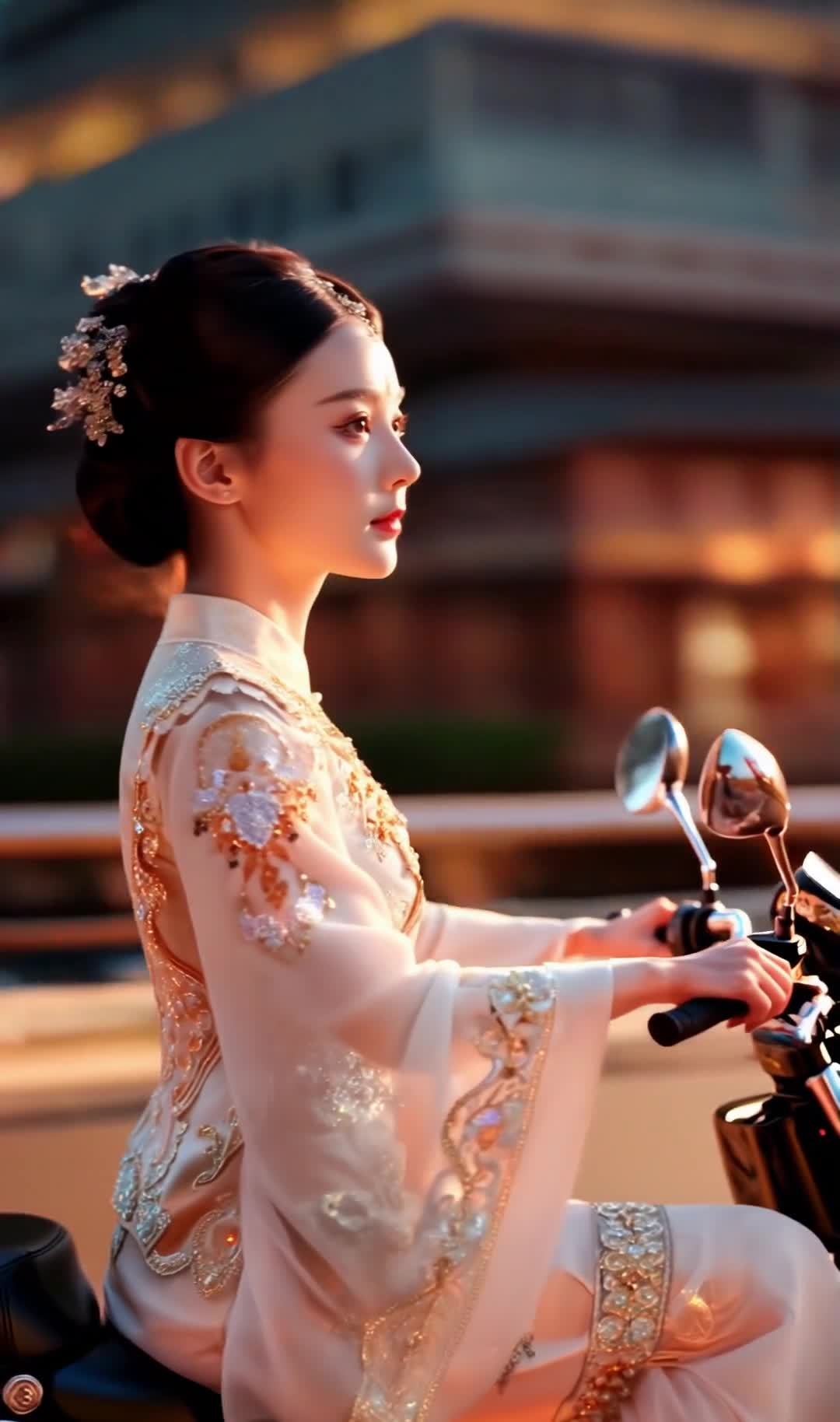 一位容颜绝美的女子，身着汉服，骑在一辆迷你小摩托车