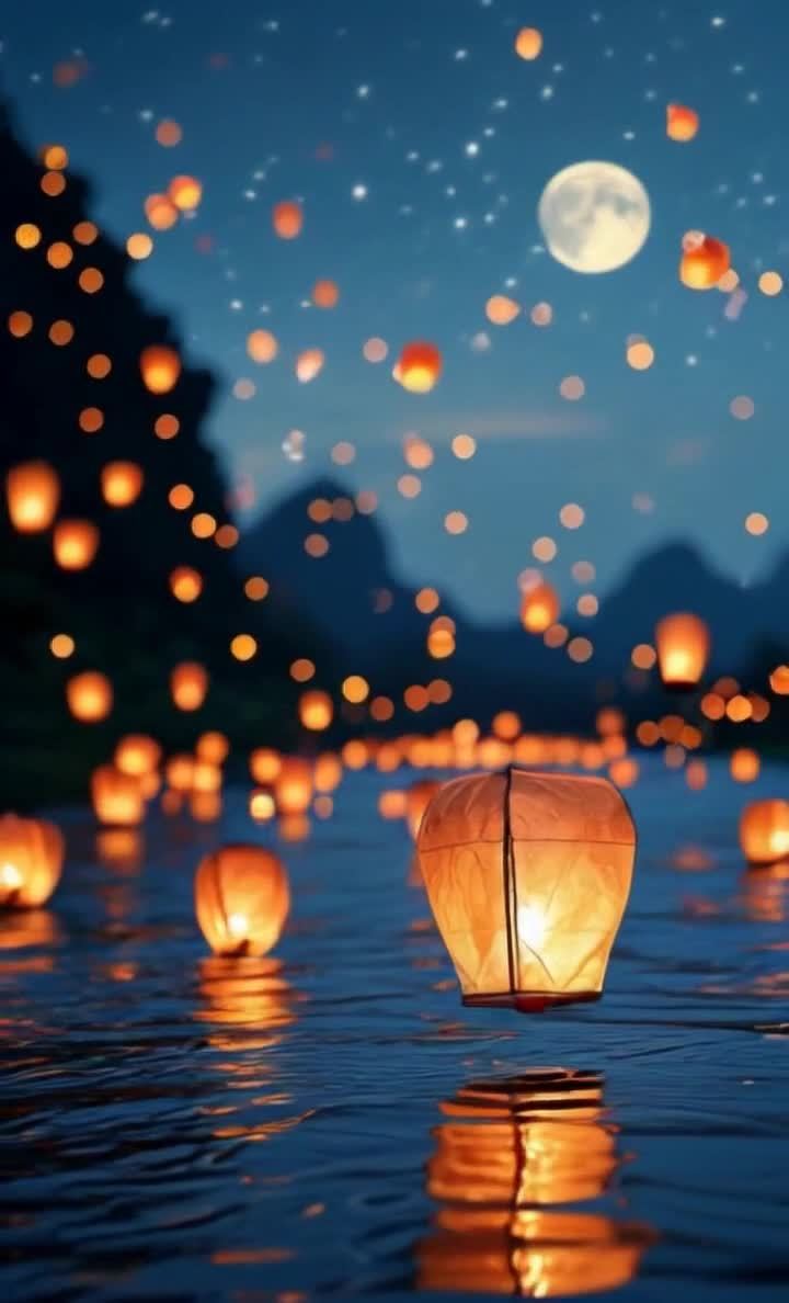 水面孔明灯夜景：山水间星光点点