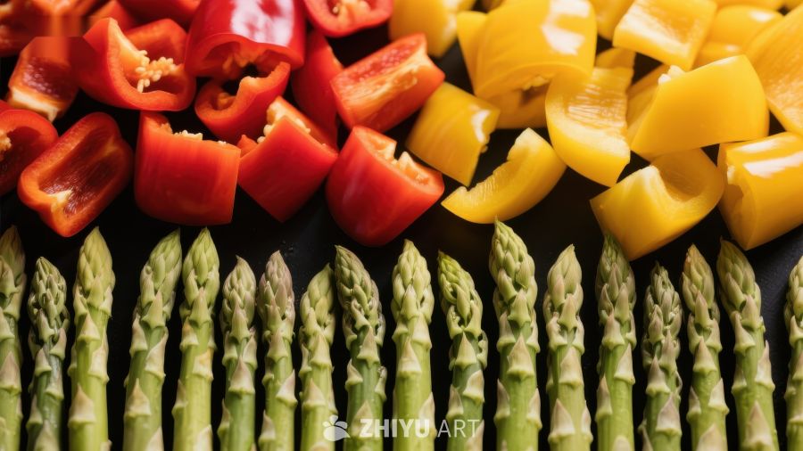 色彩鲜艳的切片辣椒与整齐排列的芦笋