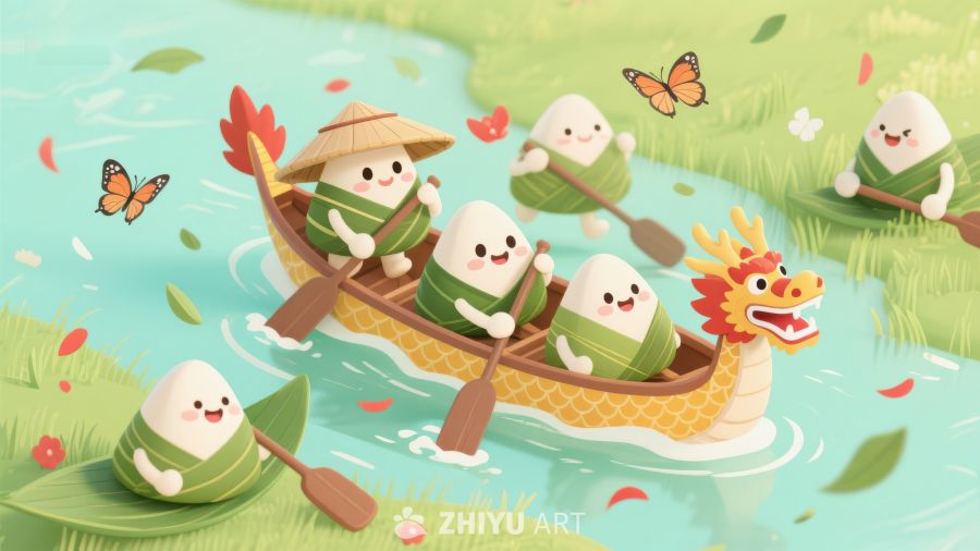 粽子划龙舟，端午节欢乐场景 494