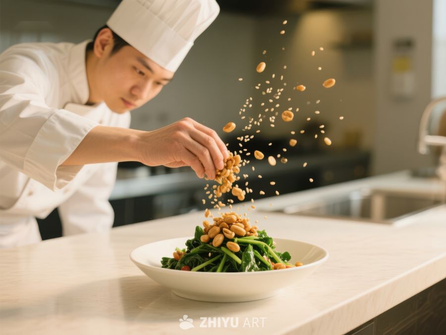 厨师精心撒花生装饰绿色蔬菜 78